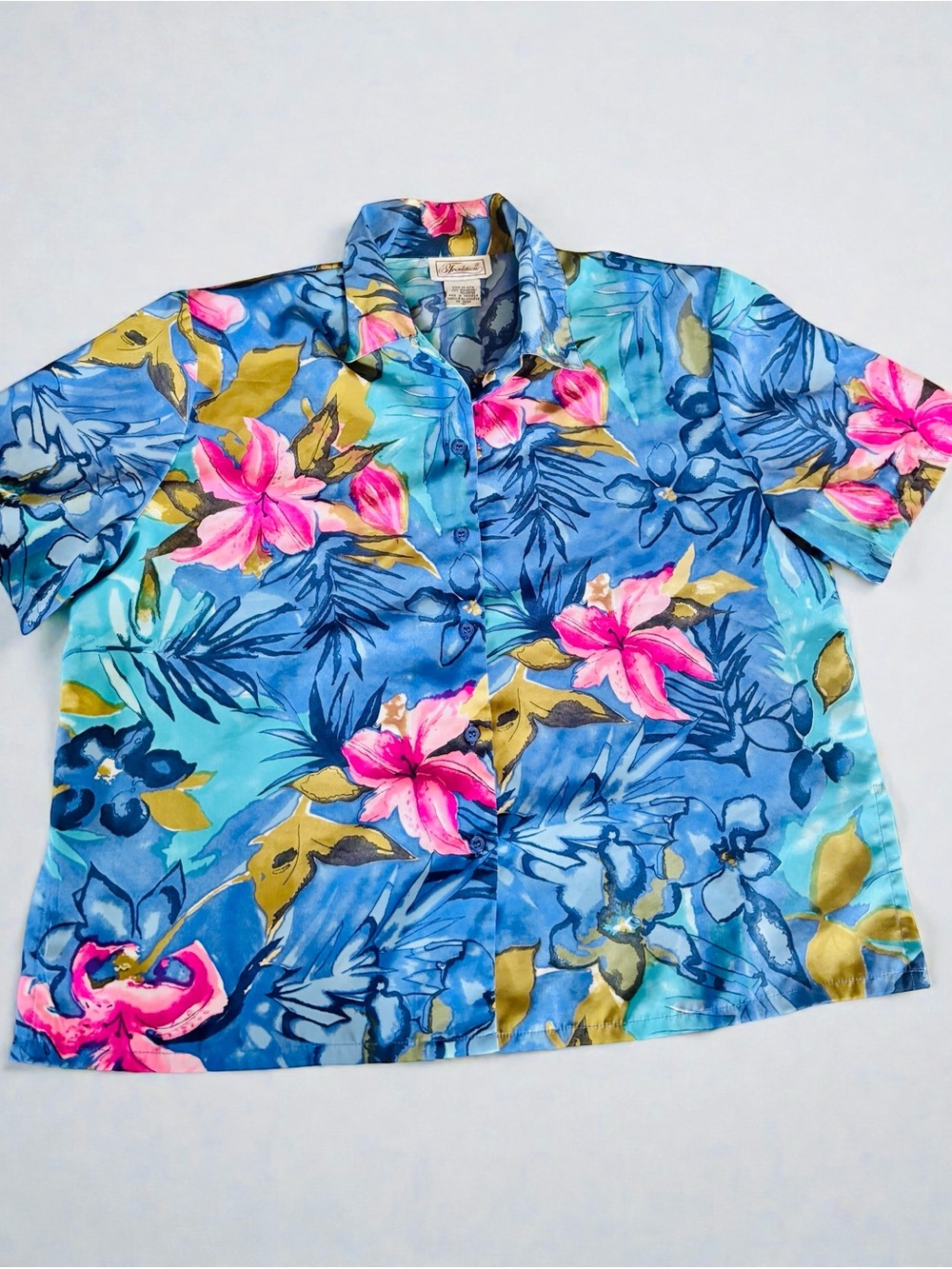 Vintage Tropical Floral Button Up Blouse Resort Vacation Shirt